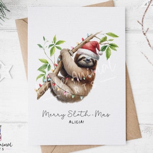 Lustige Faultier Weihnachtskarte • Personalisierte Tiergruß für Ihn Sie • Leere Aquarell Kunst Karte für Faultierliebhaber