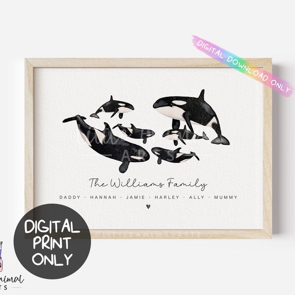 Digital Orca Family Art Print | print at home personalised animal family wall decor, whale gift for mum dad, custom mothers fathers day