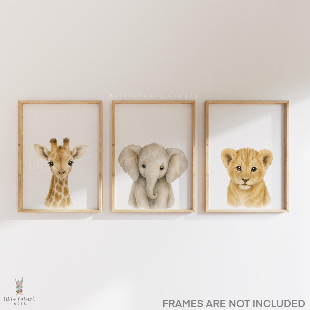 Safari Nursery Print Set - Giraffe Elephant Lion Wall Art - Neutral ...