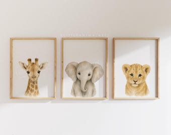 Safari Nursery Print Set - Giraffe Elephant Lion Wall Art - Neutral Jungle Baby Room Decor