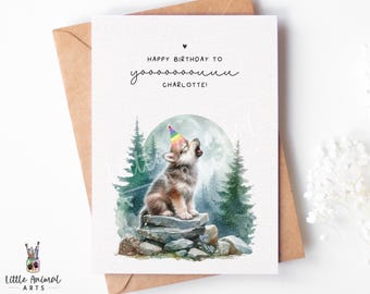 Wolf Pup Birthday Card | personalised baby wolf card, wolf greeting card, 1st birthday, 2nd birthday card, unisex wolf bday cards