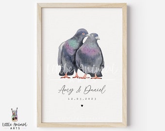 Pigeon Couple Art Print • Personalised Wedding Anniversary Gift Husband Wife • Cute Boyfriend Girlfriend Custom Artwork