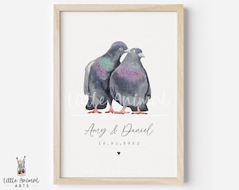 Pigeon Couple Art Print • Personalised Wedding Anniversary Gift Husband Wife • Cute Boyfriend Girlfriend Custom Artwork