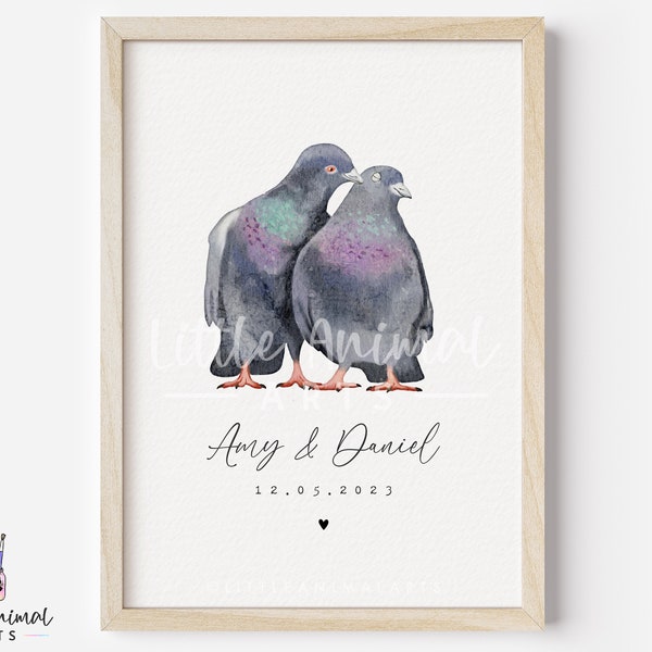 Pigeon Couple Art Print • Cadeau d'anniversaire de mariage personnalisé Mari Femme • Mignon petit ami petite amie œuvre d'art personnalisée
