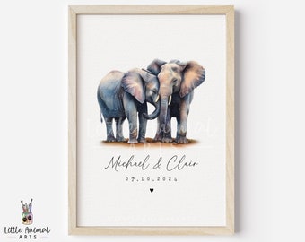 Elephant Couple Print • Personalised Ivory Valentines Day Anniversary Gift for Husband Wife • Boyfriend Girlfriend Custom Wedding Artwork