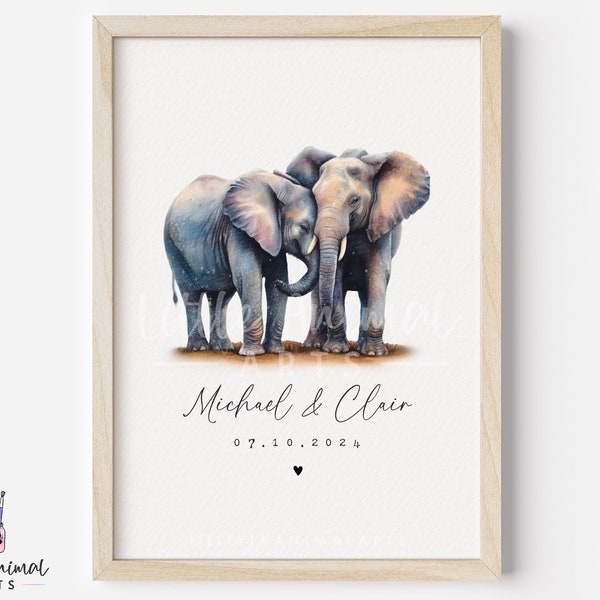 Elephant Couple Print • Personalised Ivory Valentines Day Anniversary Gift for Husband Wife • Boyfriend Girlfriend Custom Wedding Artwork