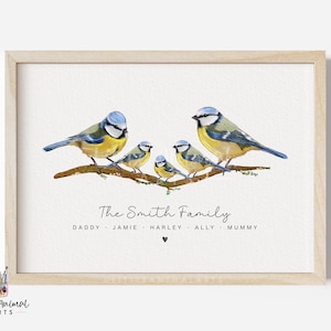 Impression d'art famille mésange bleue | impression de famille d'animaux, impression de famille personnalisée, impression de famille d'oiseaux, impression de famille d'oiseaux britanniques, cadeau d'observateur d'oiseaux