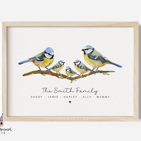 Blue Tit Family Art Print | animal family print, personalised family print, bird family print, british bird family print, bird watcher gift