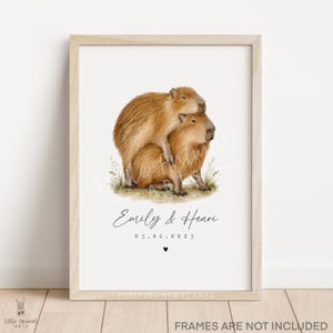 Funny capybara couple personalised print with names and date, romantic watercolour capybara artwork for couples, anniversary gift, wedding gift, husband wife present, two capybaras cuddling on a white background, playful animal couple art