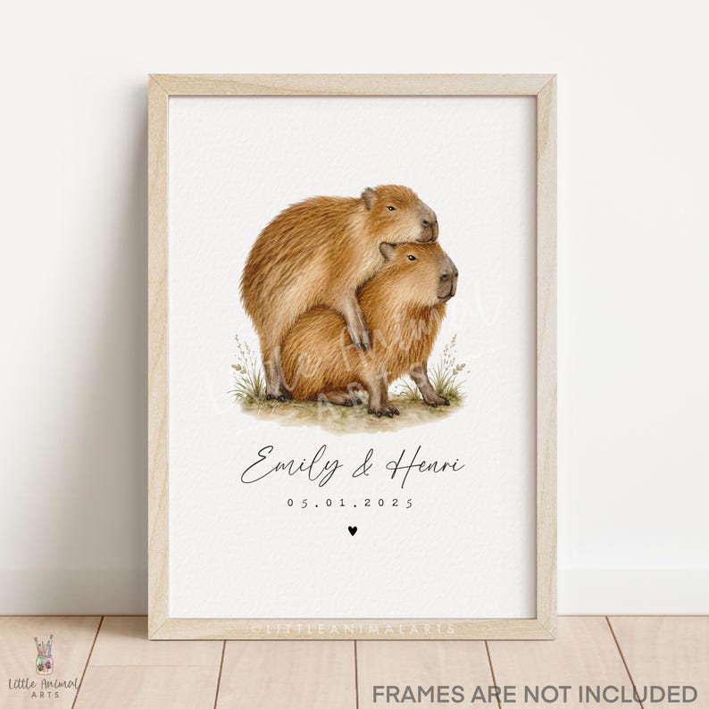 Funny capybara couple personalised print with names and date, romantic watercolour capybara artwork for couples, anniversary gift, wedding gift, husband wife present, two capybaras cuddling on a white background, playful animal couple art