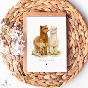 Personalised alpaca couple anniversary card with custom date, romantic animal greeting card for husband, wife or partner, wedding date keepsake card featuring two alpacas in love, luxury fine art printed card on textured cardstock with kraft envelope, cute animal couple illustration for anniversary gift, relationship card, wedding memory card, unique personalised love card for her or him.