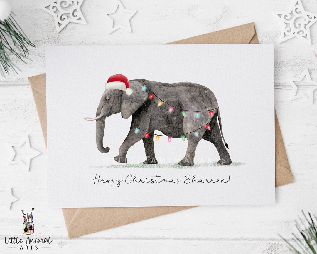 Elephant Christmas Card Watercolour Elephant Xmas Card, Fun Elephant Card, Festive Elephant Art 
