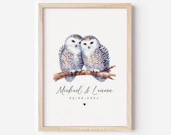 Lámina de pareja de búhos nivales - Regalo personalizado de búhos - Arte romántico de aves - Lámina con nombres y fecha