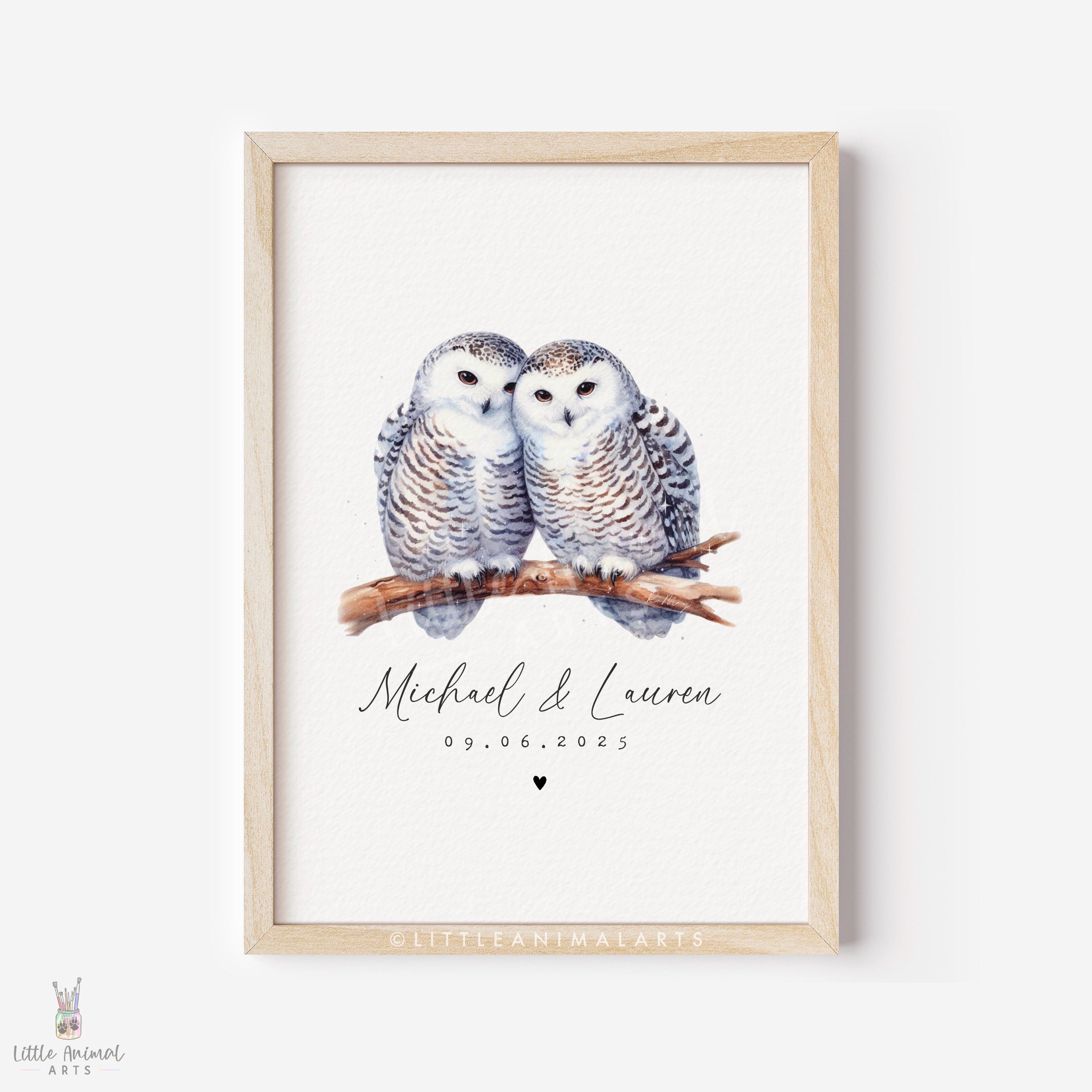 Snowy Owl Couple Print - Personalised Owl Gift - Romantic Bird Art - Names Date Print