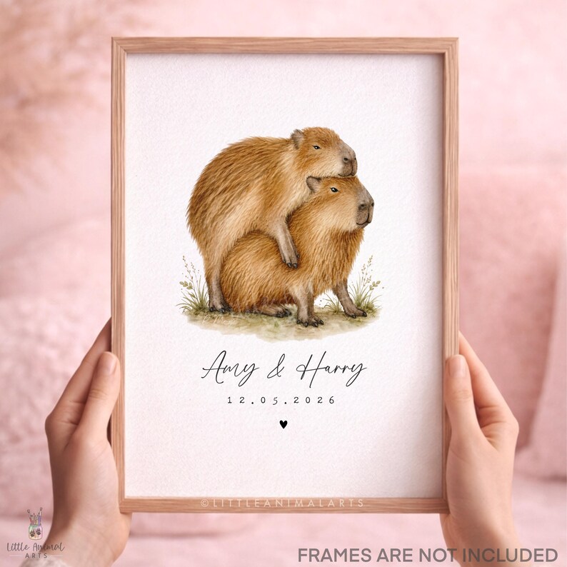 Funny capybara couple personalised print with names and date, romantic watercolour capybara artwork for couples, anniversary gift, wedding gift, husband wife present, two capybaras cuddling on a white background, playful animal couple art
