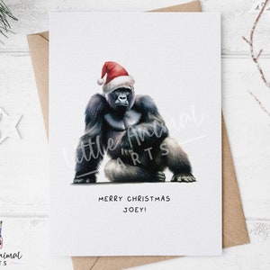 Divertente biglietto di Natale con gorilla • Saluto personalizzato con animali per lui e lei • Biglietto d'auguri vuoto con acquerello per gli amanti delle scimmie