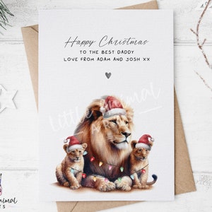Papa leeuw kerstkaart • Gepersonaliseerde cadeau vader en twee zonen dochter • Aangepast vakantiecadeau voor hem vader opa