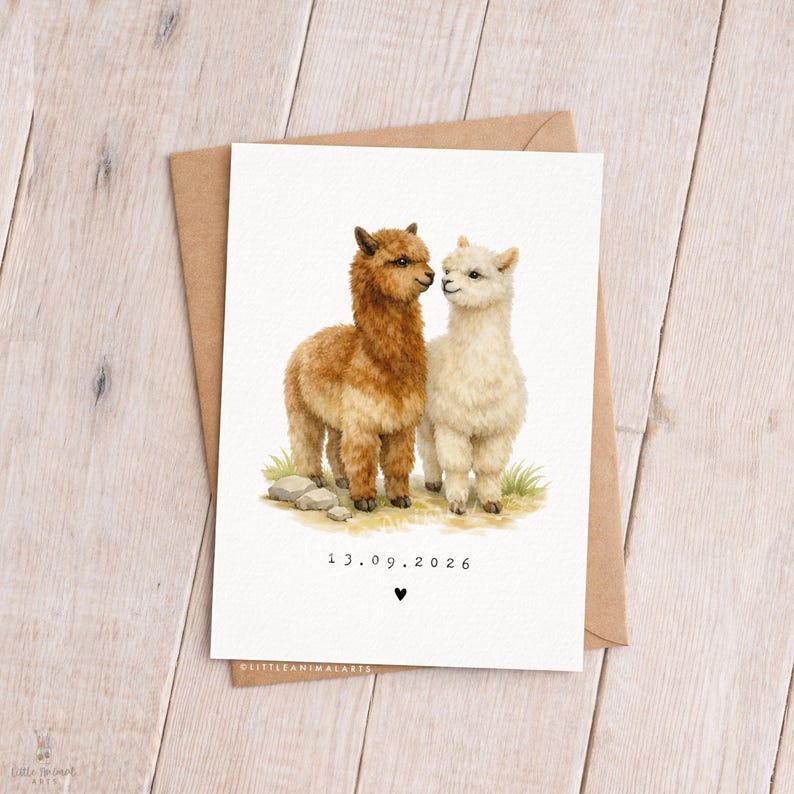 Personalised alpaca couple anniversary card with custom date, romantic animal greeting card for husband, wife or partner, wedding date keepsake card featuring two alpacas in love, luxury fine art printed card on textured cardstock with kraft envelope, cute animal couple illustration for anniversary gift, relationship card, wedding memory card, unique personalised love card for her or him.