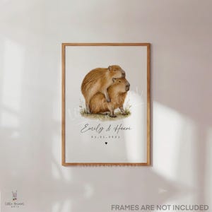 Funny capybara couple personalised print with names and date, romantic watercolour capybara artwork for couples, anniversary gift, wedding gift, husband wife present, two capybaras cuddling on a white background, playful animal couple art