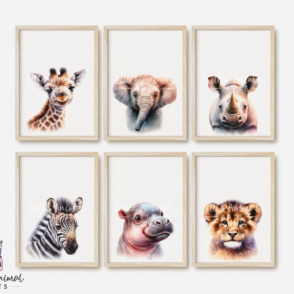 Safari Baby Animal Art Prints • Elephant, Lion Cub, Zebra, Hippo, Giraffe, Rhino • Nursery Watercolour Wall Art