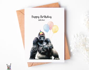 Gorilla Birthday Card for Him or Her– Funny Personalised Watercolour Animal Greeting Card – A6 or A5 Luxury Art Card