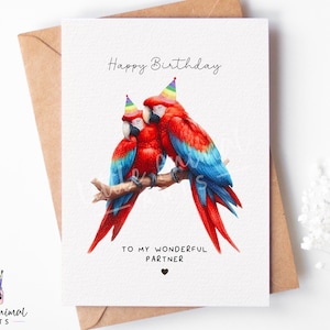 Biglietto di auguri di compleanno per coppia di pappagalli ara • Regali di animali personalizzati per lei e lui • Saluto personalizzato di pappagalli rossi per marito, moglie, fidanzato e fidanzata