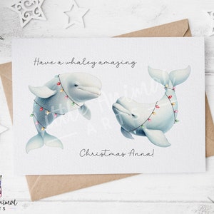 Carte de Noël béluga • Cadeaux de Noël personnalisés pour les amoureux des baleines • Joyeuses fêtes sur l'océan pour elle et lui