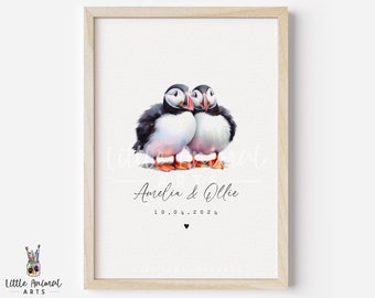 Puffin Bird Couple Art Print • Personalised Wedding Valentines Day Anniversary Gift for Husband Wife • Boyfriend Girlfriend Custom Artwork