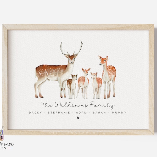 Deer Family Print | personalised animal wall art, bespoke parent grandparent gift, mothers fathers day from the kids