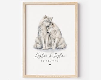 White Wolf Couple Print - Personalised Wolf Gift - Romantic Animal Art - Names Date Print