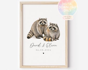 Raccoon Couple Digital Print - Personalised Wedding Anniversary Gift Printable Wall Art