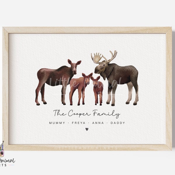 Moose Family Print | personalised animal wall art, bespoke parent grandparent gift, Canadian Alaska mothers fathers day from the kids