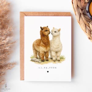 Personalised alpaca couple anniversary card with custom date, romantic animal greeting card for husband, wife or partner, wedding date keepsake card featuring two alpacas in love, luxury fine art printed card on textured cardstock with kraft envelope, cute animal couple illustration for anniversary gift, relationship card, wedding memory card, unique personalised love card for her or him.