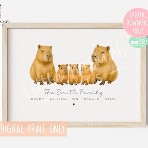 Personalised Capybara Digital Print • Custom Animal Family Printable Wall Art with Names • Unique Nursery Download for Mum Dad Kids