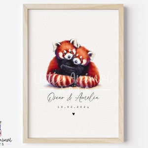 Red Panda Couple Art Print • Personalised Wedding Valentines Day Anniversary Gift for Husband Wife • Boyfriend Girlfriend Custom Artwork