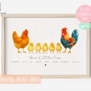 Personalised Chicken Digital Print • Custom Hen Rooster and Chick Family Wall Art with Names • Farm Nursery Download for Mum Dad Kids