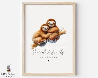Sloth Couple Art Print • Personalised Wedding Valentines Day Anniversary Gift for Husband Wife • Cute Boyfriend Girlfriend Custom Artwork