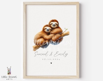 Sloth Couple Art Print • Personalised Wedding Valentines Day Anniversary Gift for Husband Wife • Cute Boyfriend Girlfriend Custom Artwork