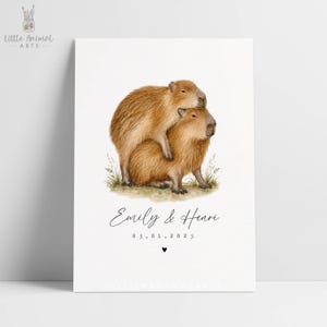 Funny capybara couple personalised print with names and date, romantic watercolour capybara artwork for couples, anniversary gift, wedding gift, husband wife present, two capybaras cuddling on a white background, playful animal couple art
