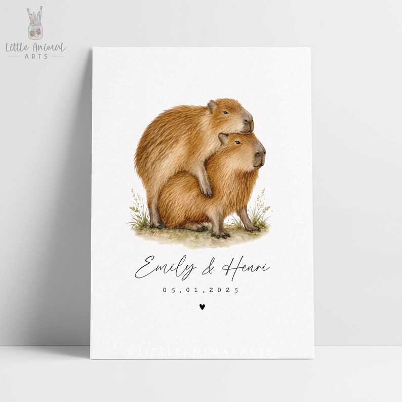 Funny capybara couple personalised print with names and date, romantic watercolour capybara artwork for couples, anniversary gift, wedding gift, husband wife present, two capybaras cuddling on a white background, playful animal couple art