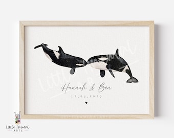 Orca Couple Print | personalised whale print, custom couple gift, boyfriend girlfriend print, orca gifts, animal couple print, valentines