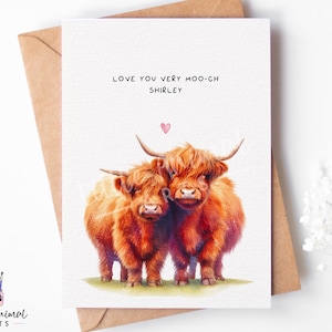 Highland Cow Liebeskarte • Personalisierte Valentinstag Grußkarte für ihre Frau Ehemann Verlobten • Benutzerdefiniertes Geschenk zum Jahrestag Freund Freundin