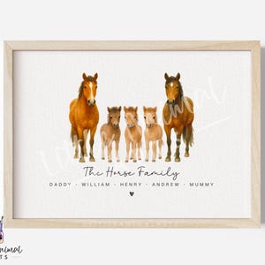 Horse Family Print • Custom Equestrian Wall Art with Names • Personalised Farmhouse Nursery Gift for Mum Dad and Kids