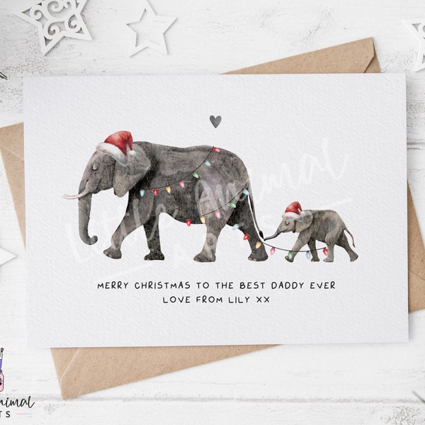 Tarjeta de Navidad con elefante, mamá y papá • Saludo navideño para madre, padre, hija e hijo • Regalos personalizados para padres e hijos del bebé