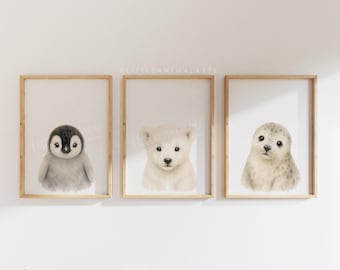Polar Bear Penguin Seal Nursery Print Set - Arctic Animal Wall Art - Neutral Woodland Baby Room Decor