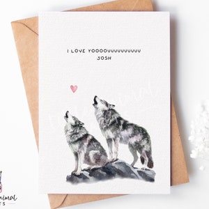 Linda tarjeta de amor de lobo • Saludo personalizado del día de San Valentín para ella, él, esposa, esposo, prometido • Regalo de aniversario personalizado para novio y novia