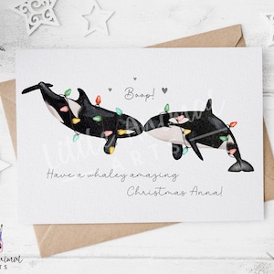 Tarjeta navideña de pareja de orcas • Regalo personalizado de ballena asesina para ella y él • Tarjeta de felicitación navideña oceánica para novio, novia, esposa y esposo