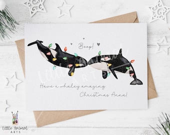 Orca Couple Christmas Card • Personalised Cute Killer Whale Gift for Her Him • Ocean Holiday Greeting Card Boyfriend Girlfriend Wife Husband