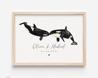 Orca Couple Print | personalised whale print, custom couple gift, boyfriend girlfriend print, orca gifts, animal couple print, valentines
