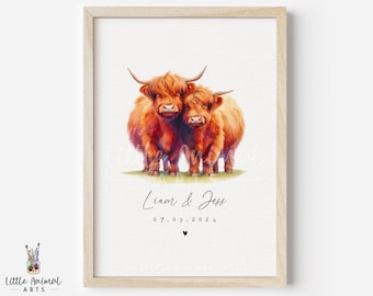 Highland Cow Couple Print • Personalised Valentines Day Anniversary Gift for Husband Wife • Cute Boyfriend Girlfriend Custom Wedding Artwork